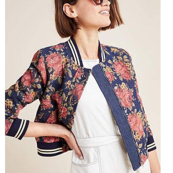 JOA Jackets & Blazers - JOA Long Sleeve Floral Bomber Jacket Zip Up Navy Blue Lined Pockets Womens M